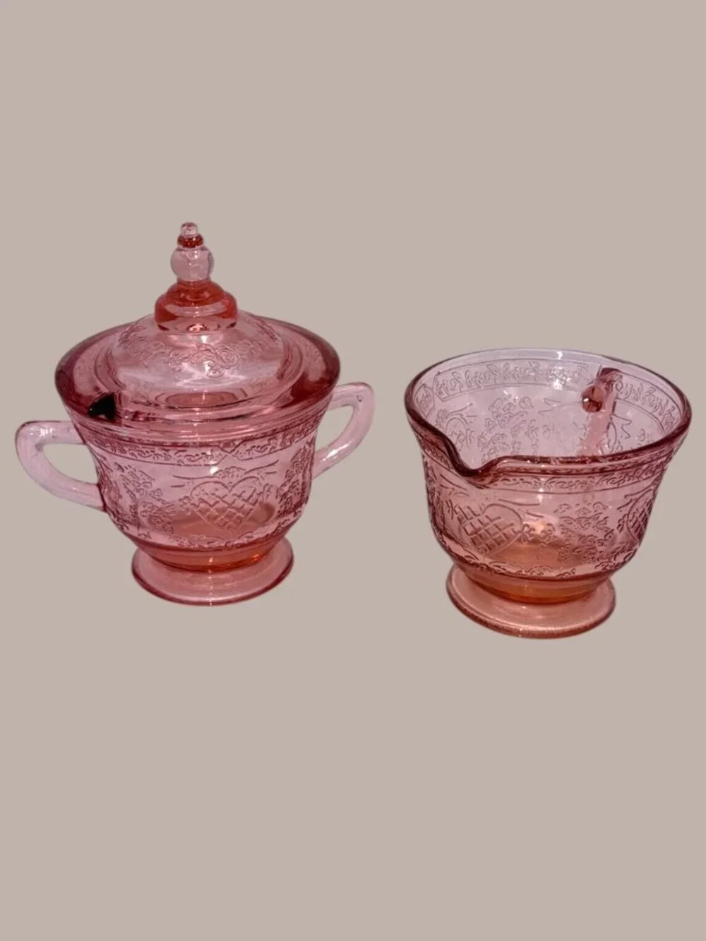 Federal Glass Sharon Cabbage Rose Pink Depression Glass Sugar Creamer Set c1930s